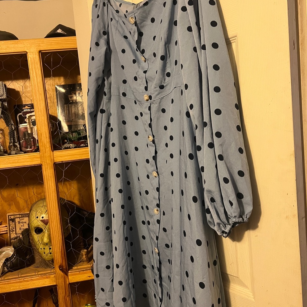 Source Unknown Blue Polka Dot Long Sleeve Dress